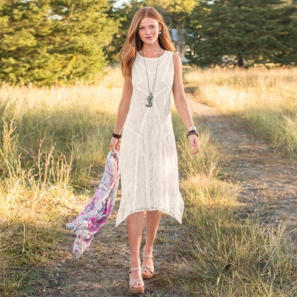 Sundance 'Language Of Love' Ivory Off White Patchwork Lace Midi Dress Women's L